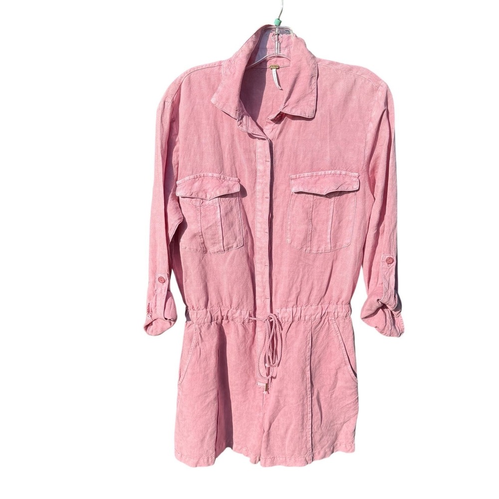 Young Fabulous & Broke Pink Linen Blend Utility Romper Small Drawstring Waist